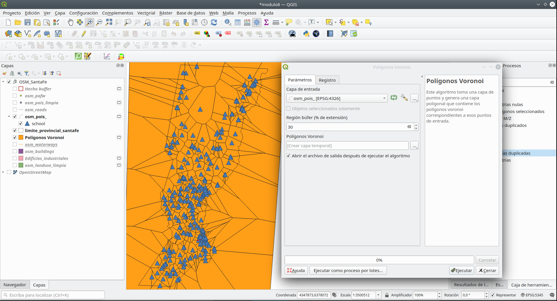 Results of applying Thiessen (Voronoi) polygons algorithm to a point vector layer