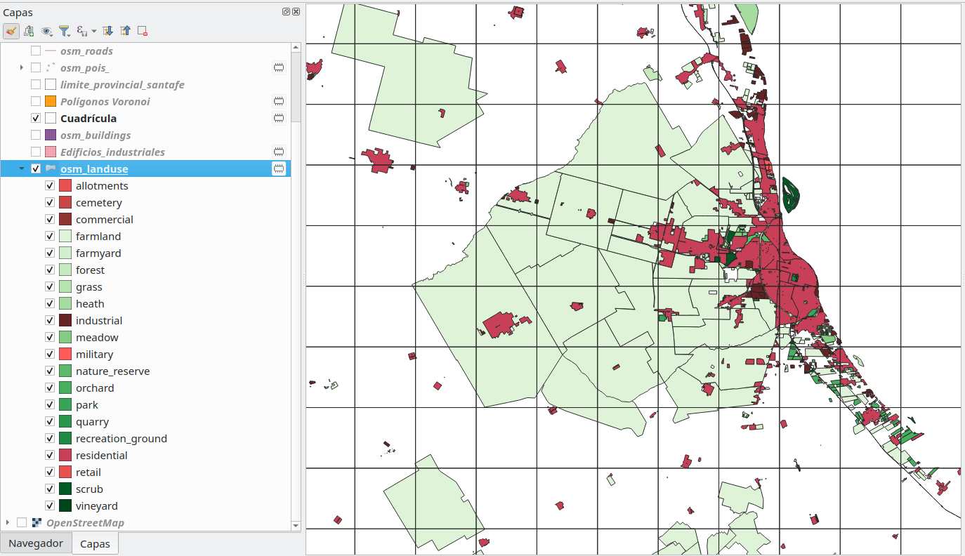 Spatial distribution of the green areas and built-up space in Santa Fe