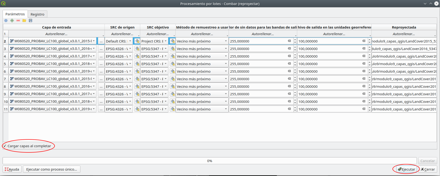 Batch processing to reproject the land cover rasters