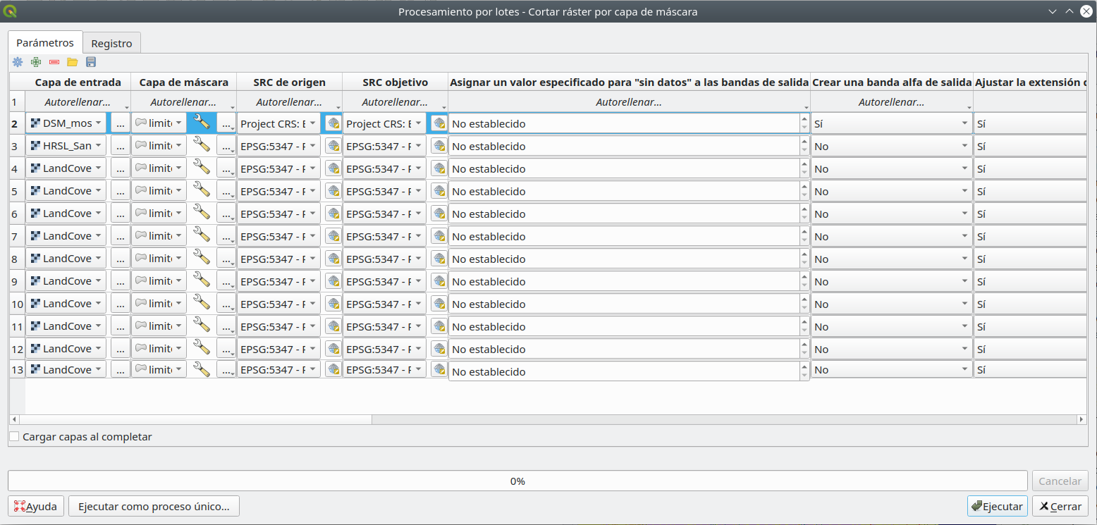 Batch process cliping all required raster layers by Santa Fe geometry