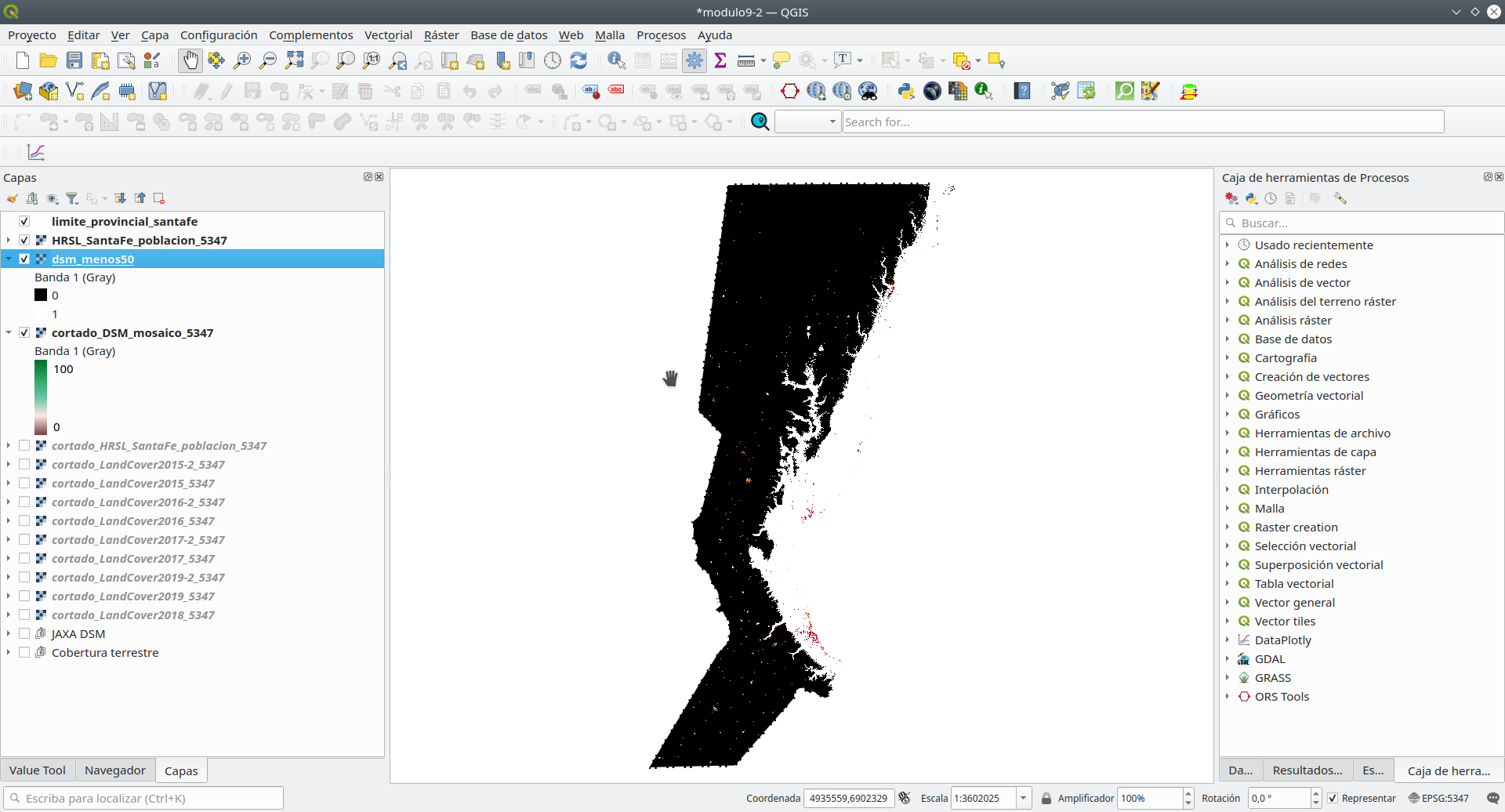 Result of identify all pixel values that are below 50 meters using the Raster Calculator