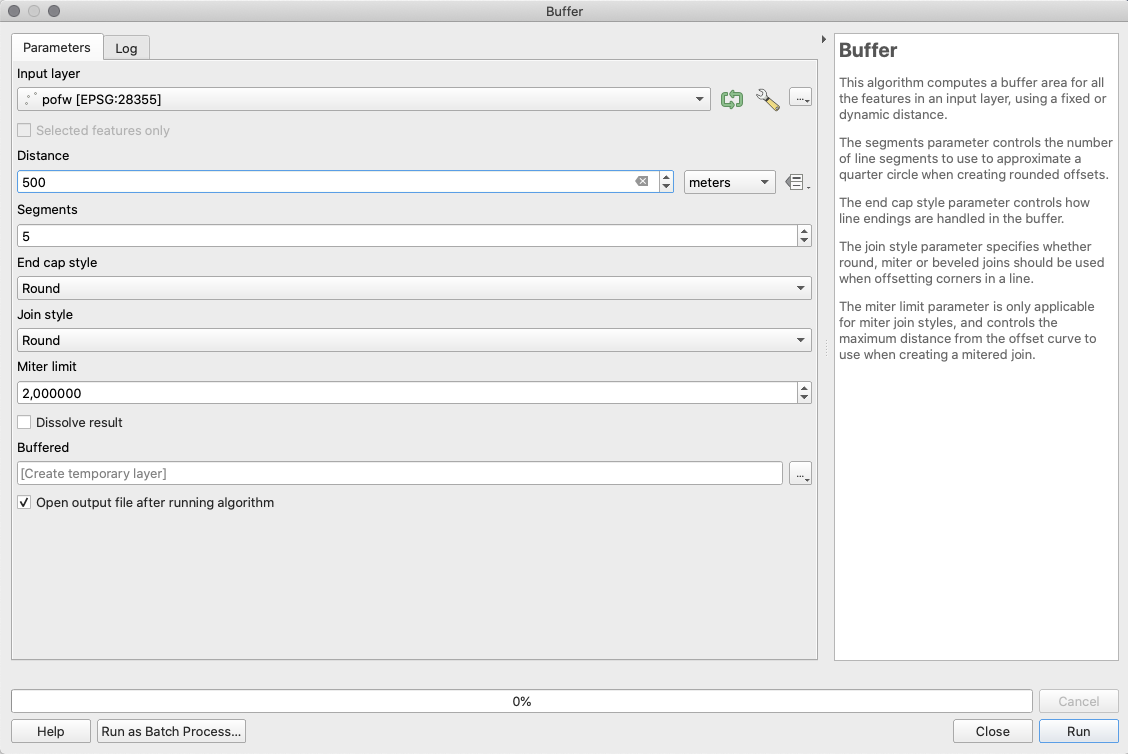 Setting the parameters for a 500 m buffer around the places of worship