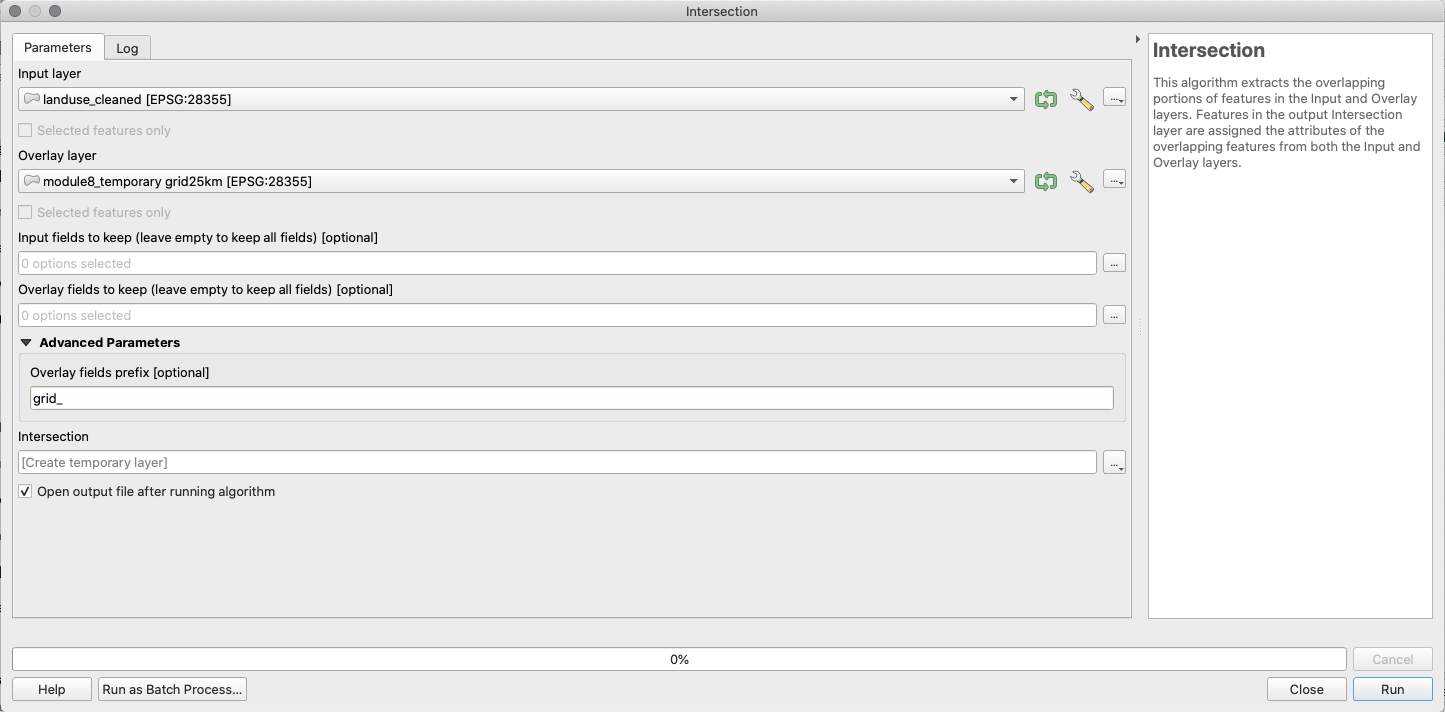 Parameters for the intersect algorithm