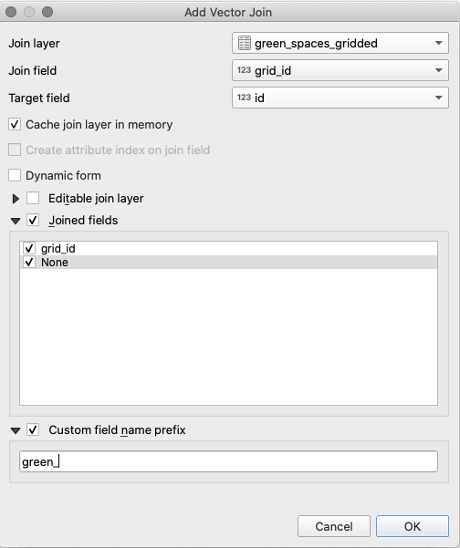 Setting the parameters to join by common field grid_id/id the sums of green and built-up spaces for each grid cell - 25X25km unit