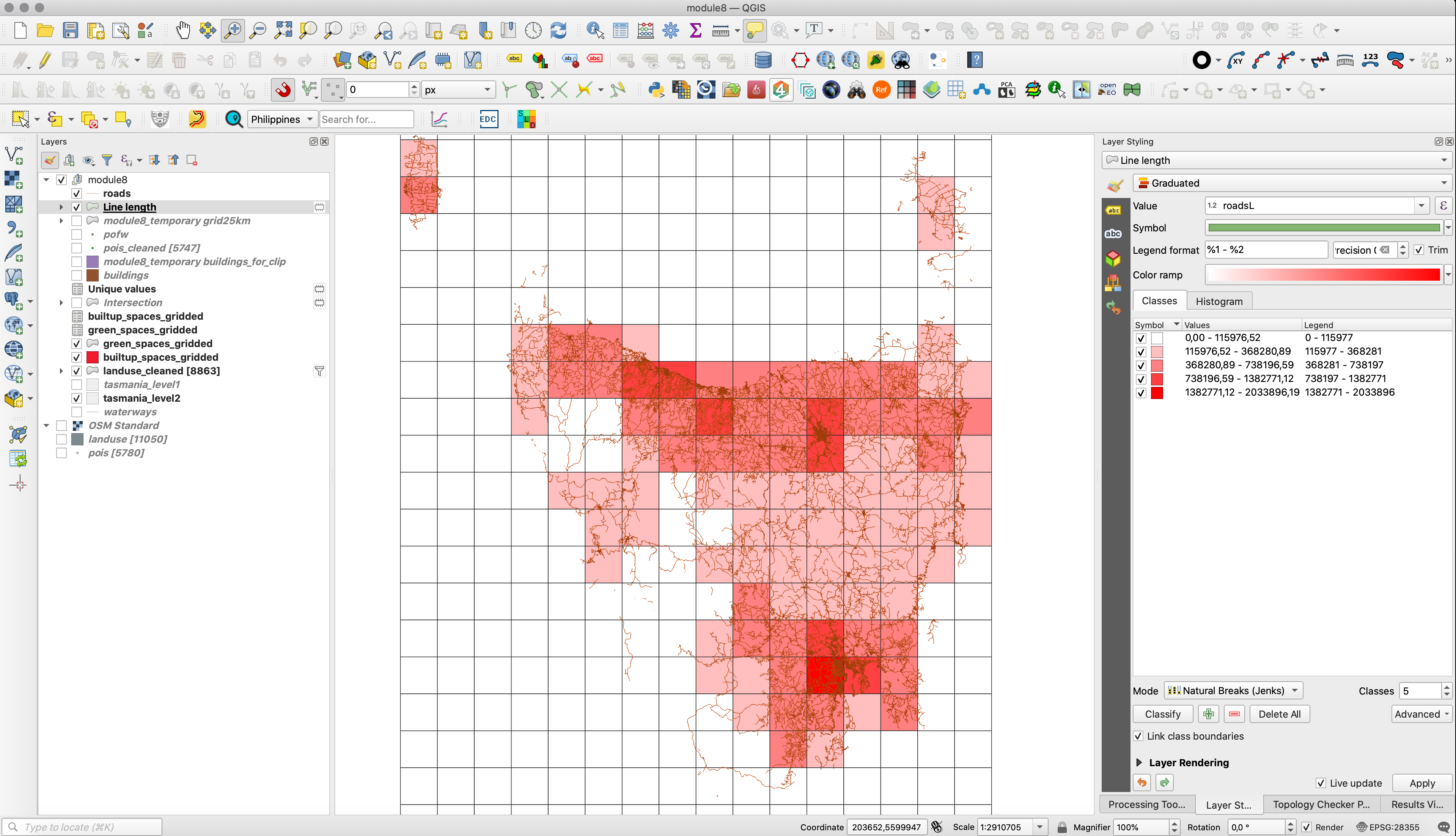 Spatial distribution of 25X25km units with most roads