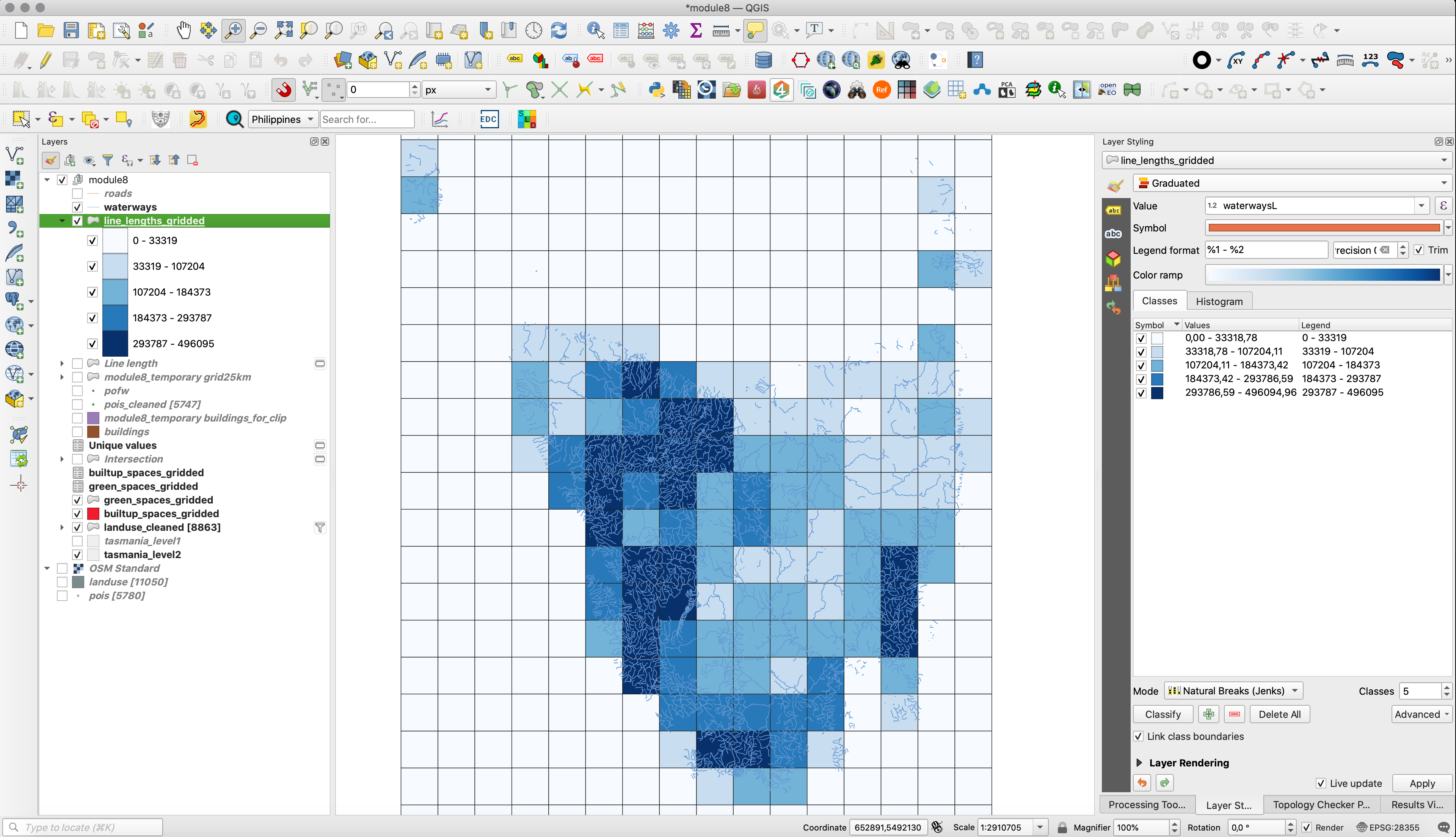 Spatial distribution of 25X25km units with most waterways