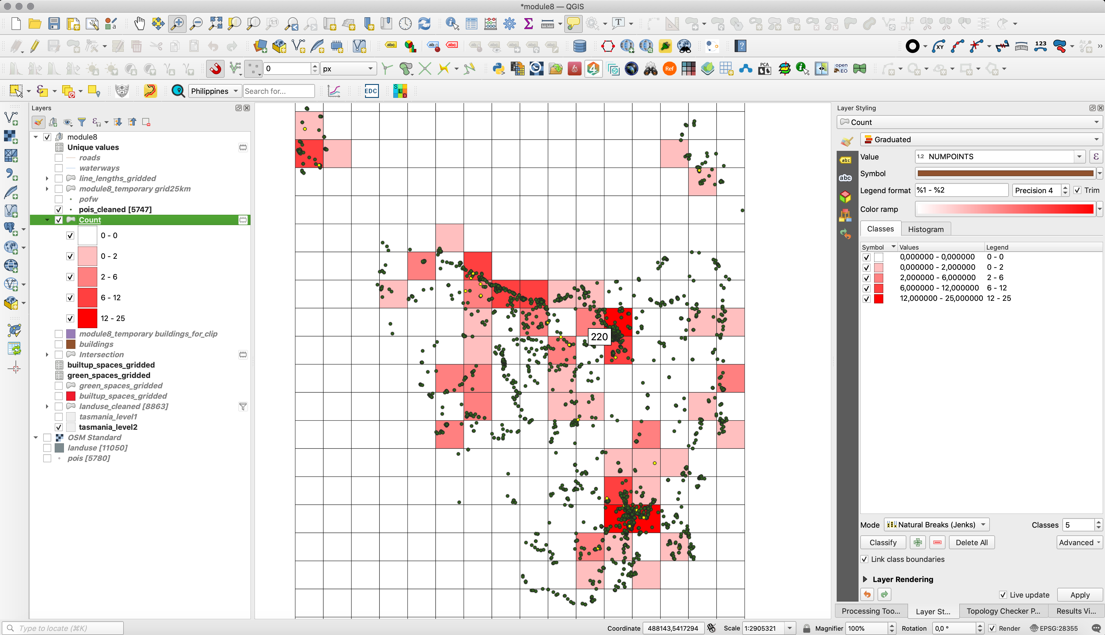 Spatial distribution of public POIs density per unit 25X25km