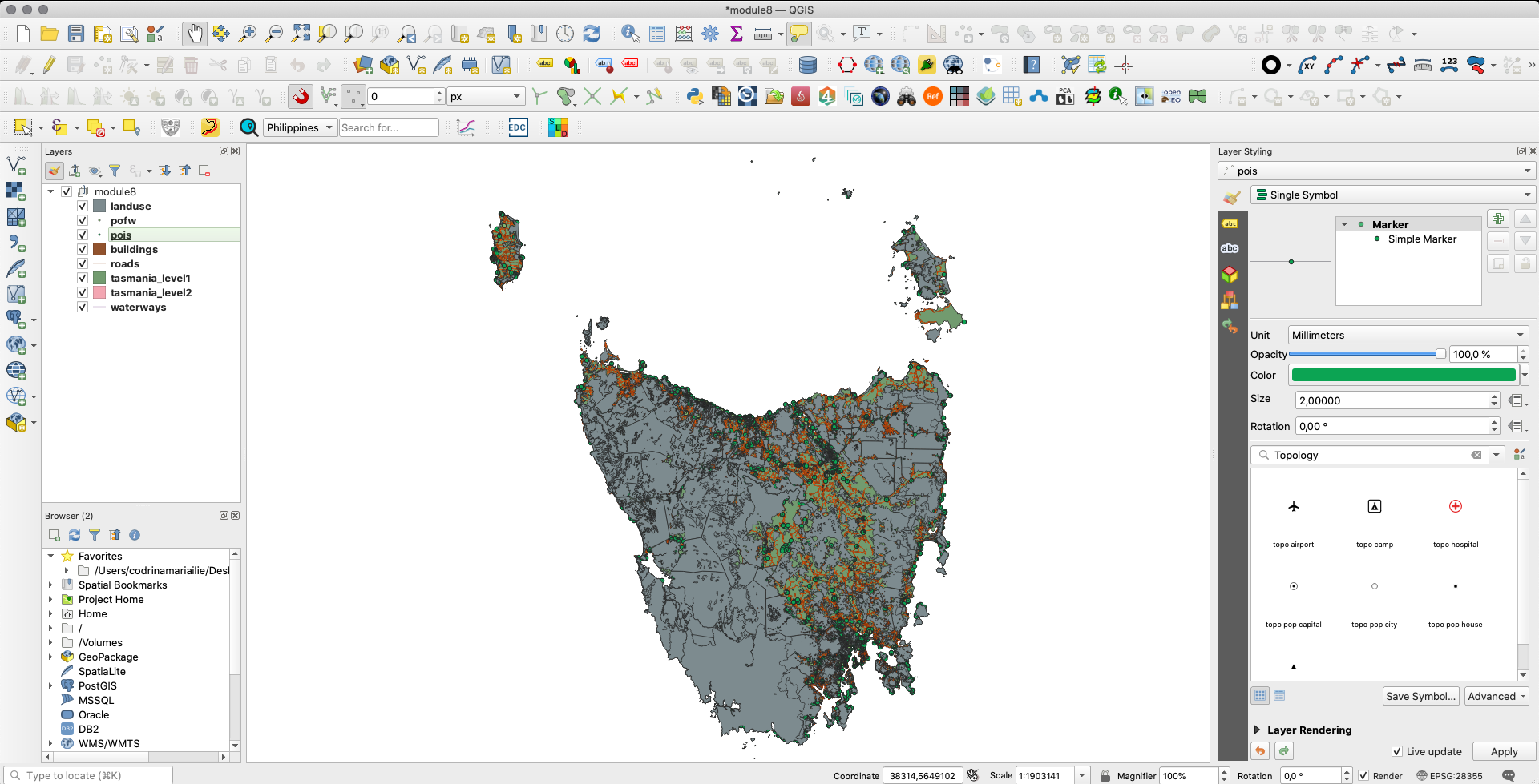 Loaded vector data sets: points, line and polygons