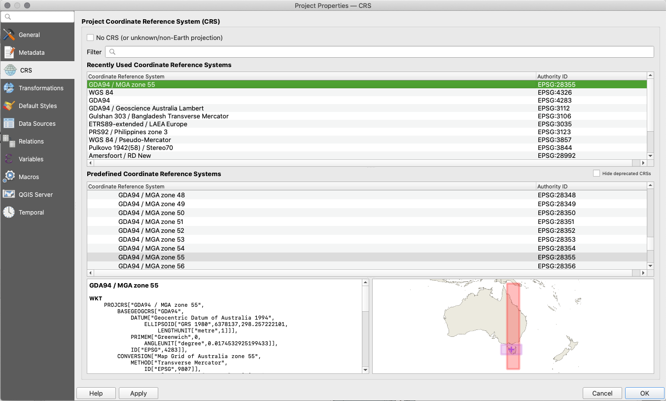 Specifications of the coordinate reference system used in the QGIS project