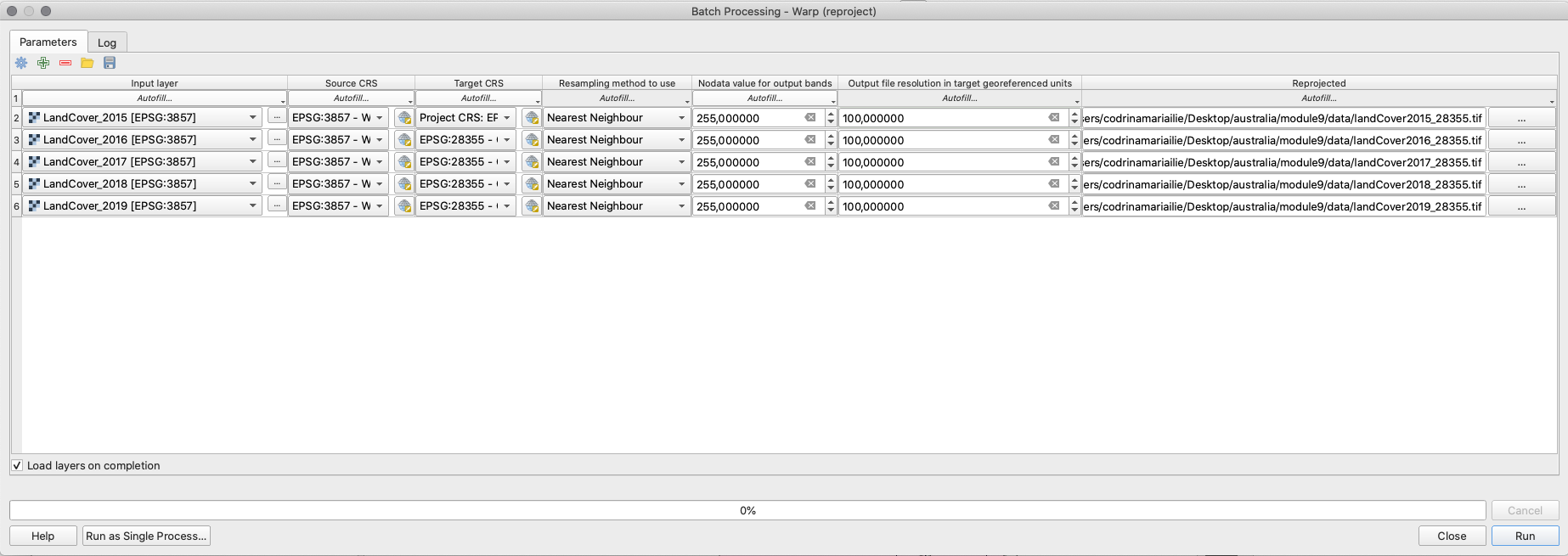 Batch processing to reproject the land cover rasters