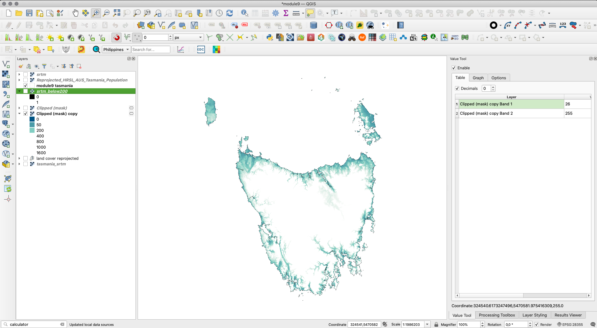 Spatial distribution of all pixels of value 1, meaning with altitude lower than 200 meters