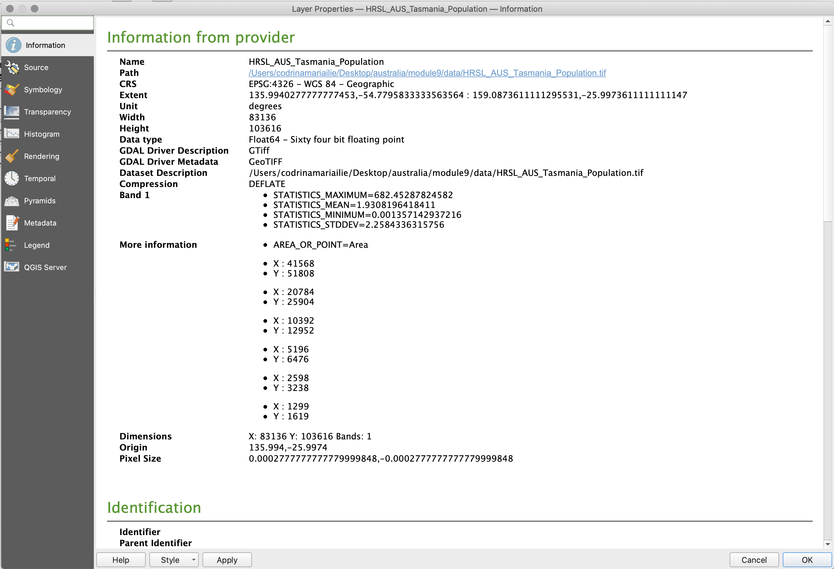 Extracting basic metadata from a raster layer