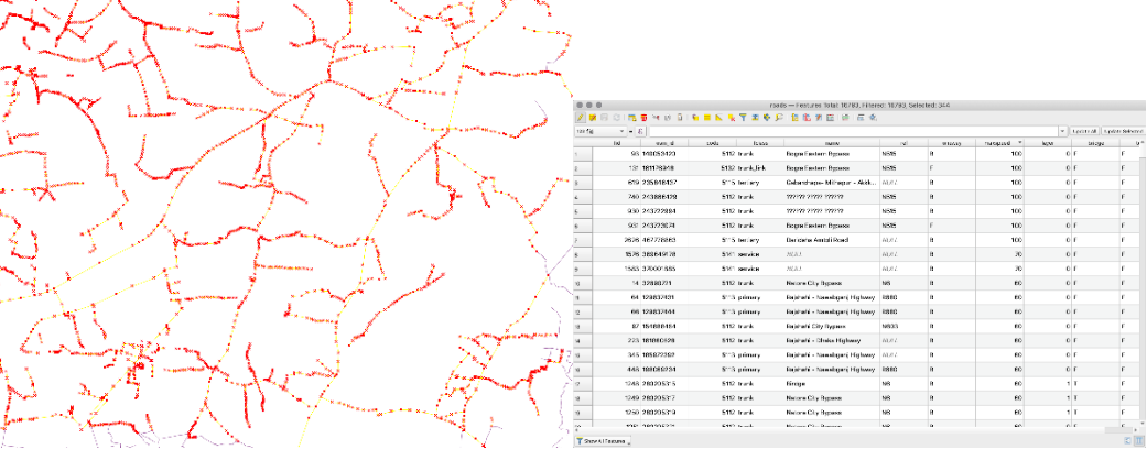 Vector lines representing streets and the associated attribute table