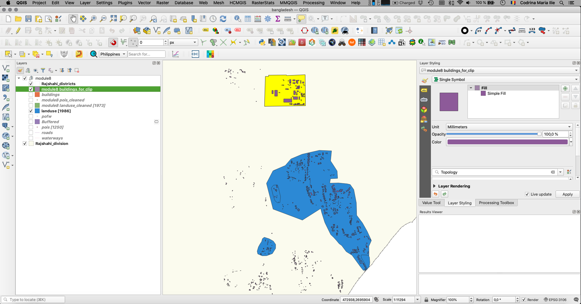 Reduced selection of a few buildings and industrial landuse, so the computation can finish faster