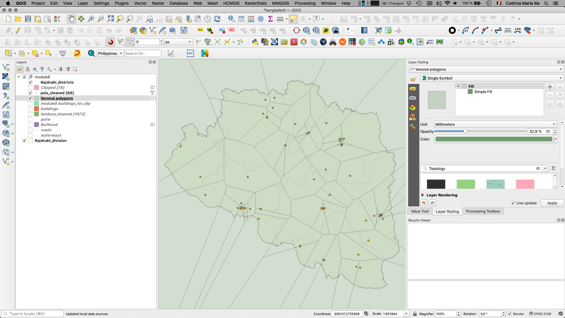 Results of applying Thiessen (Voronoi) polygons algorithm to a point vector layer