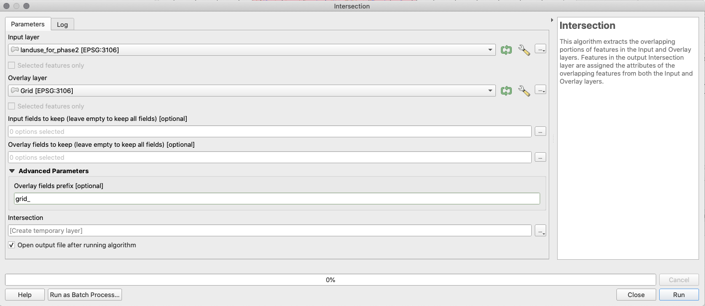 Parameters for the intersect algorithm