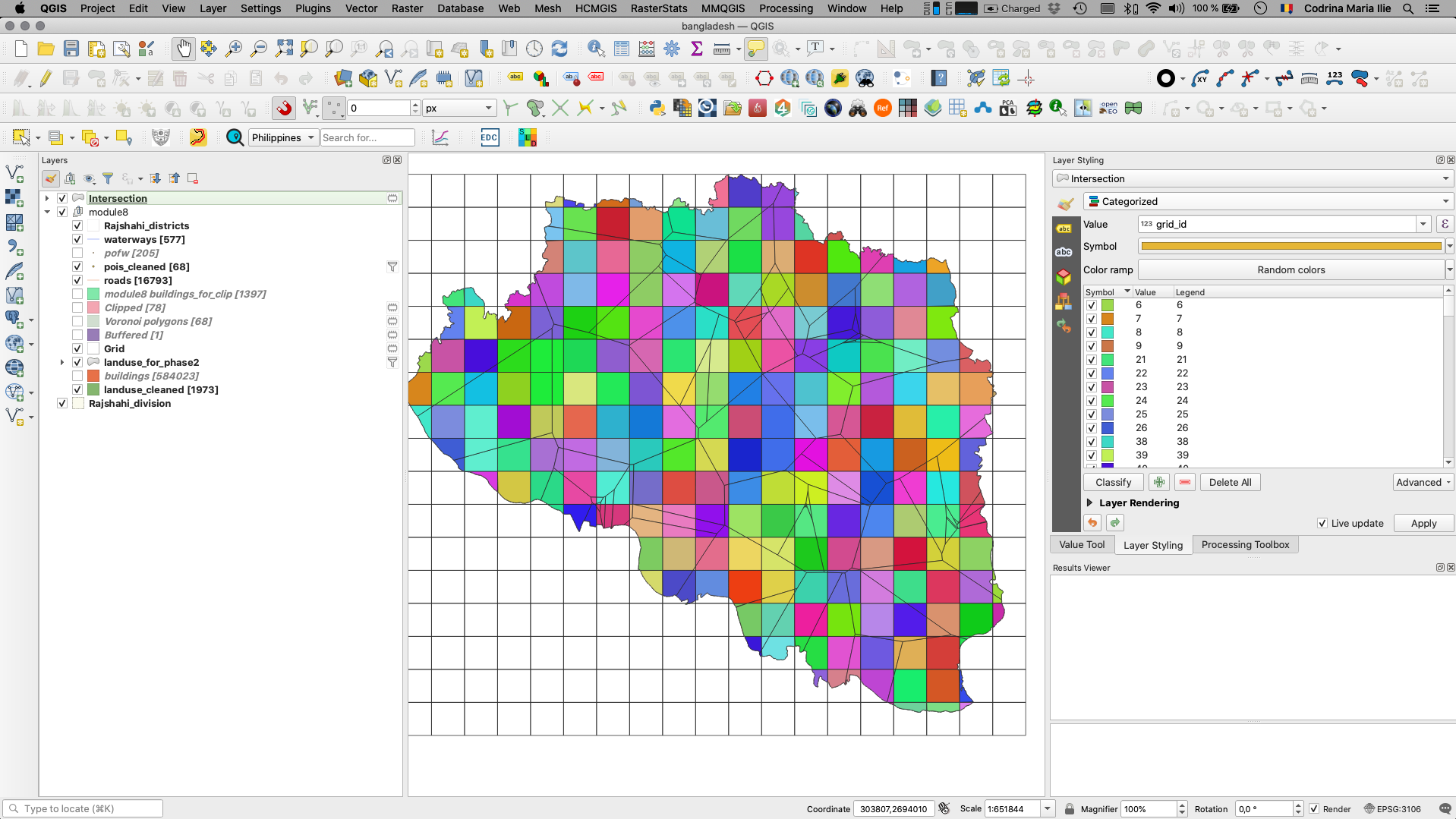 Result of running the intersection algorithm to clip the landuse vector polygons to the grid layer