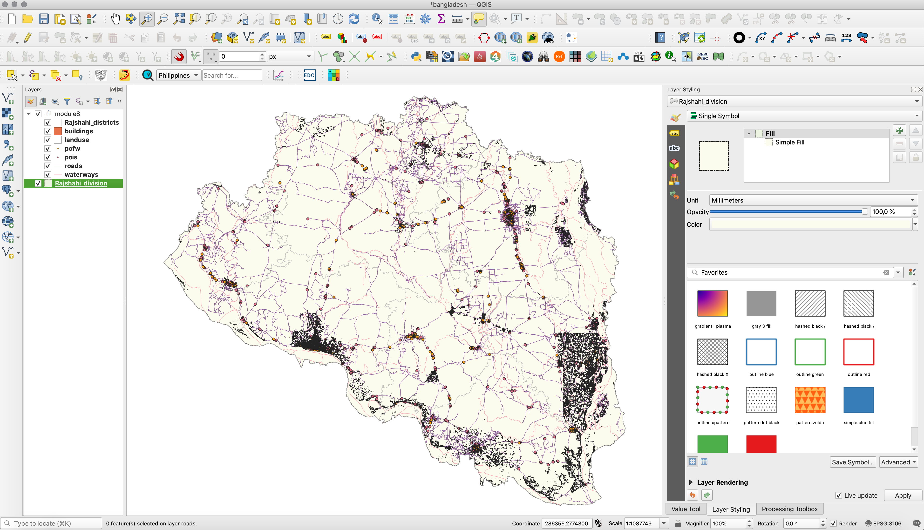 Loaded vector data sets: points, line and polygons