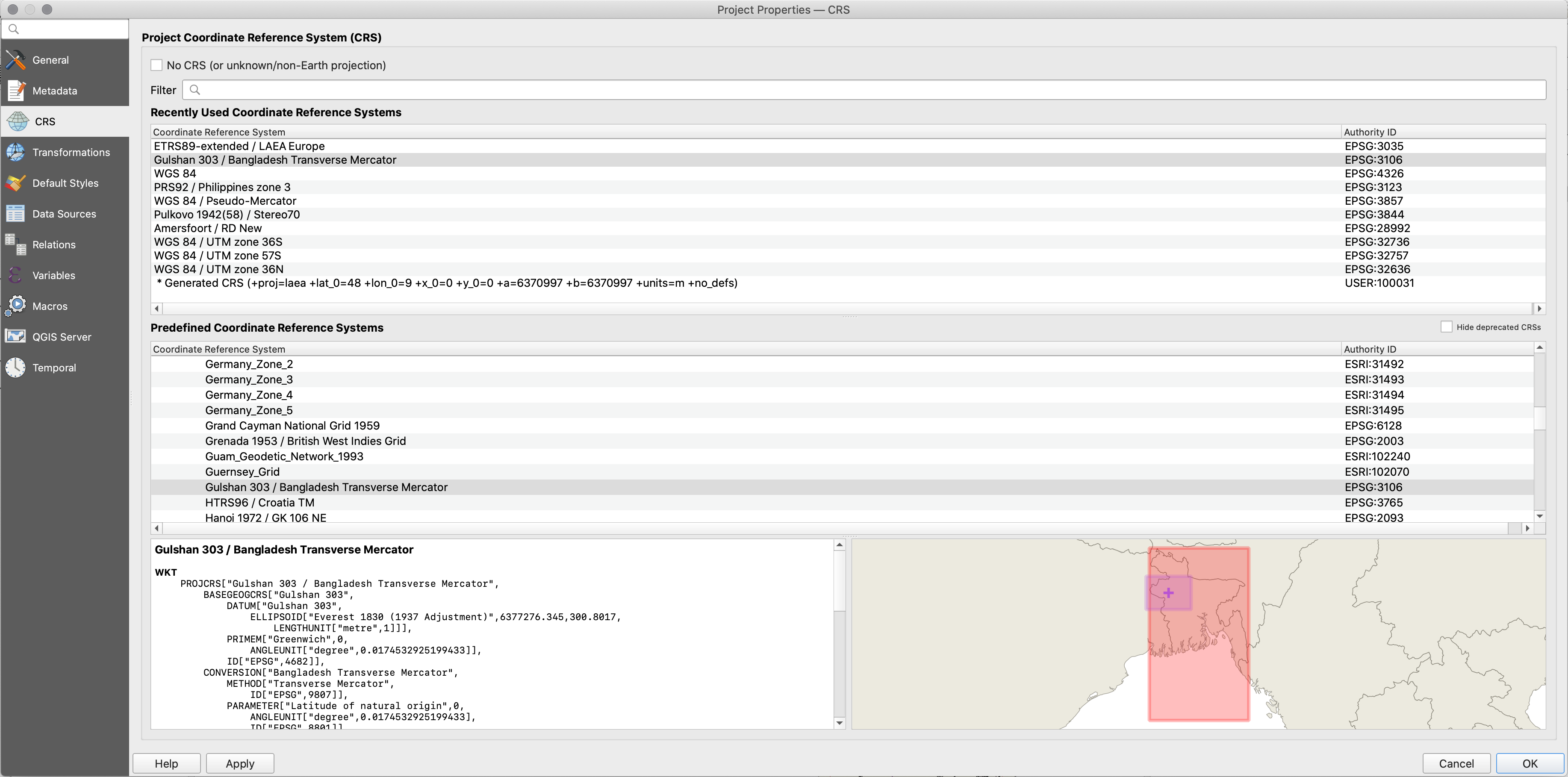 Specifications of the coordinate reference system used in the QGIS project