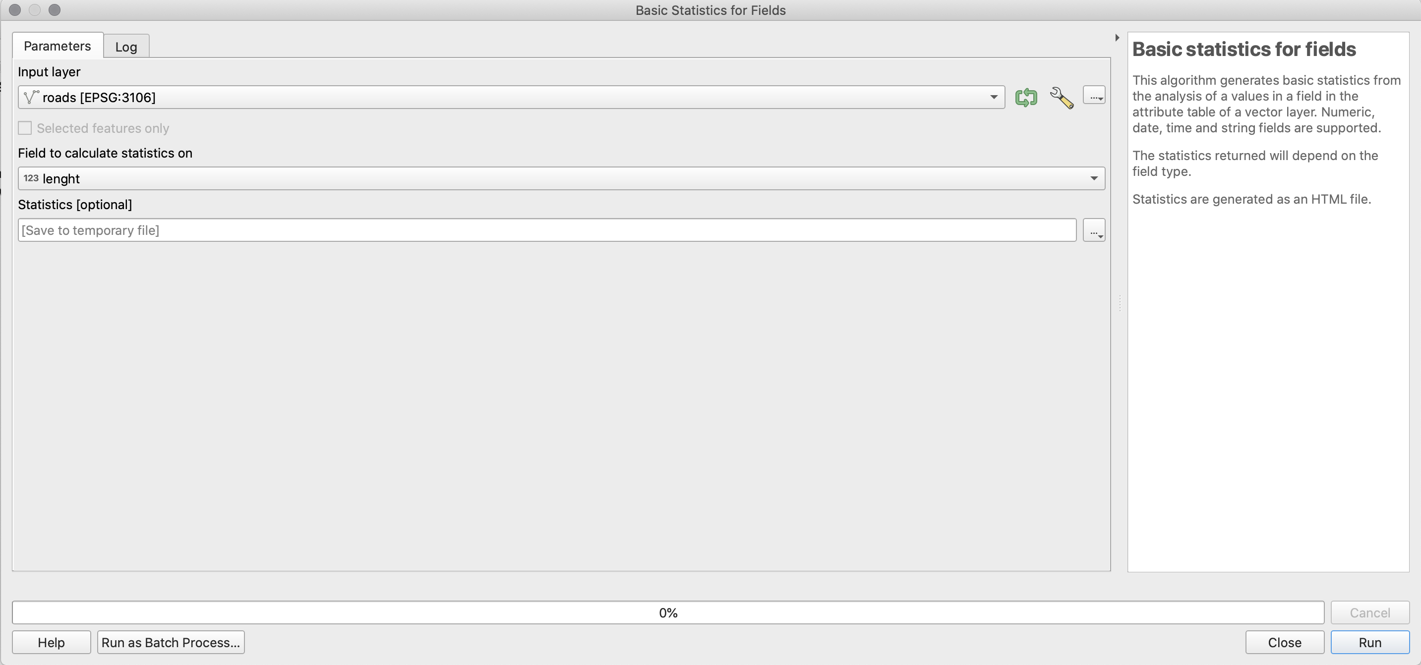 Preparing to run basics statistics for roads layer