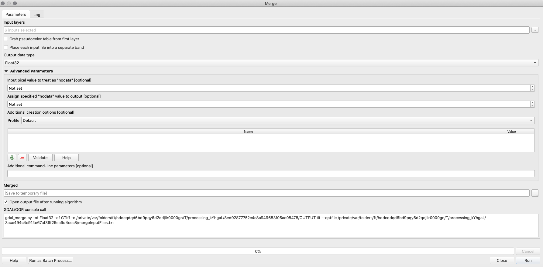 Parameters of the Merge processing algorithm