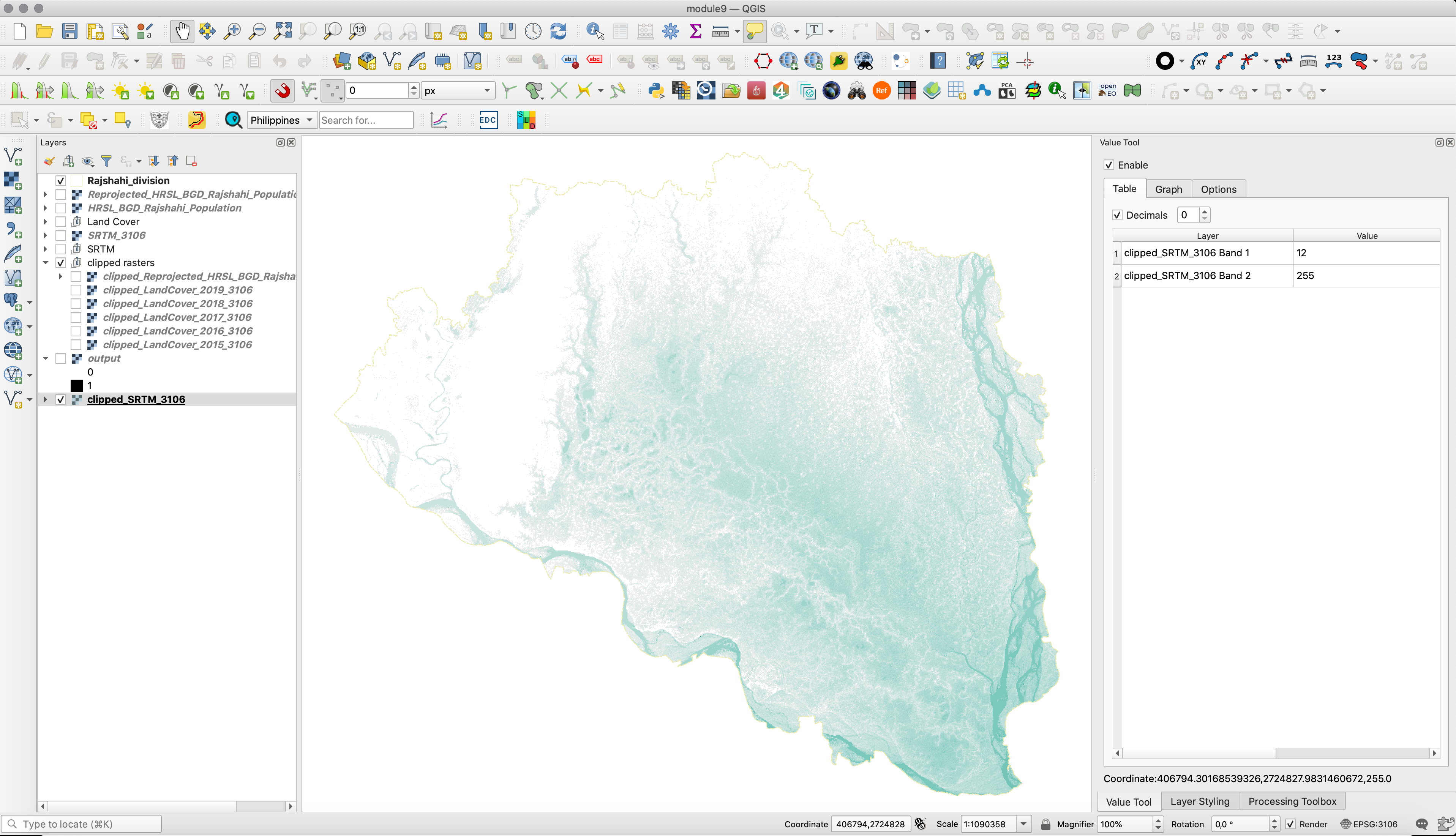 Spatial distribution of all pixels of value 1, meaning with altitude lower than 20 meters