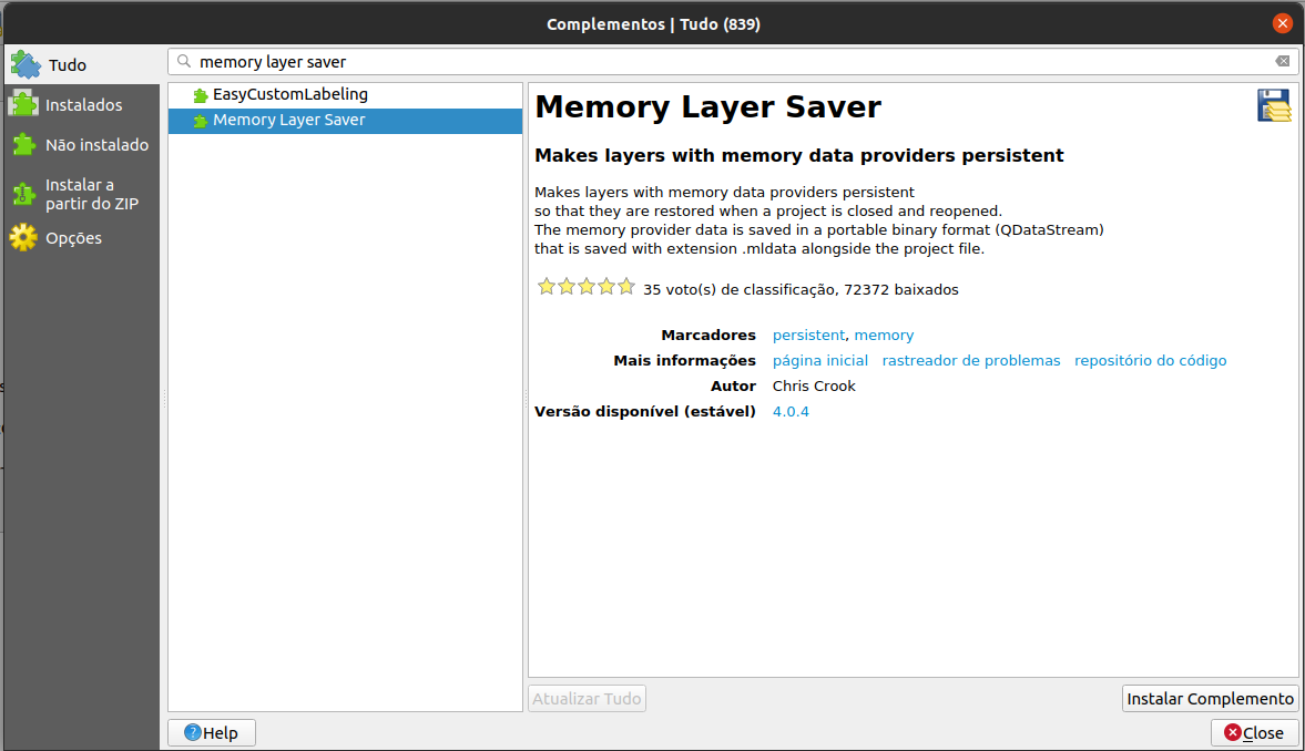 Instalar o plugin Memory Layer Saver