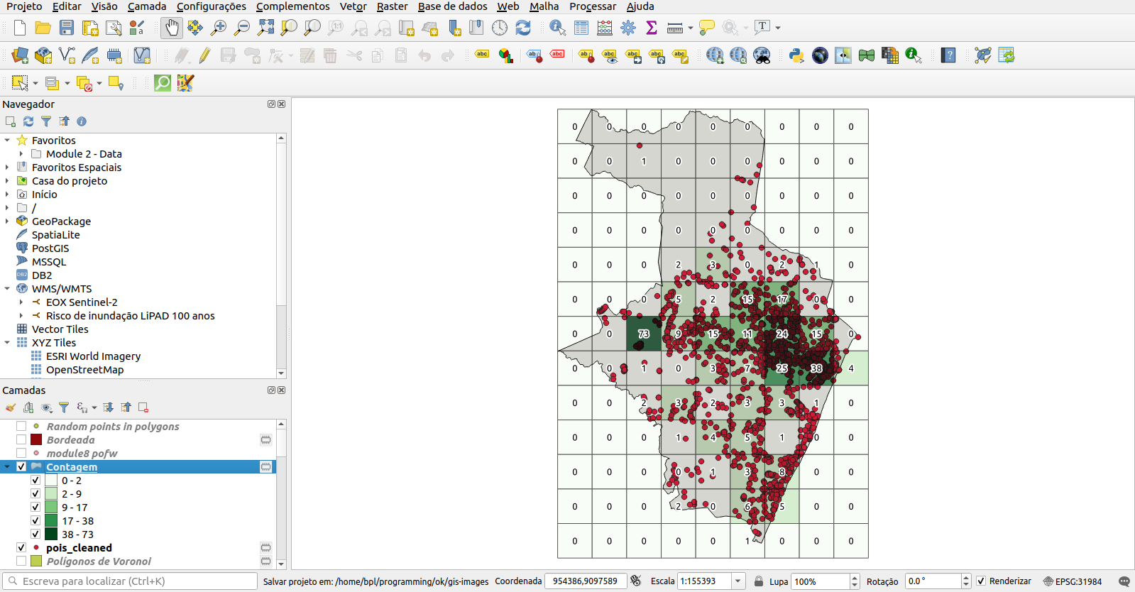 Distribuição espacial da densidade de POIs públicos por unidade 2X2km