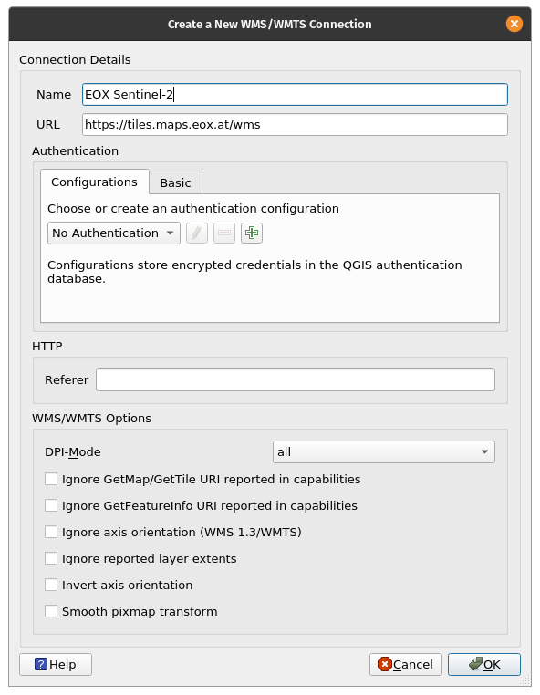 Creating a new WMS/WMTS Connection