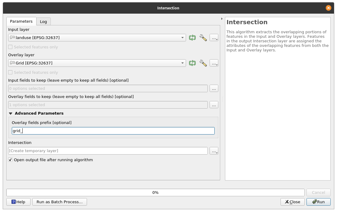 Parameters for the intersect algorithm