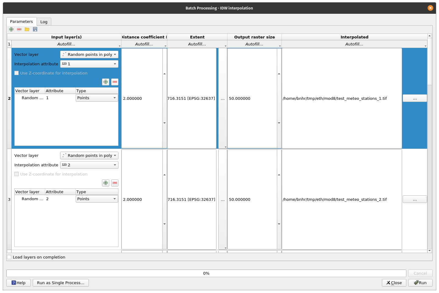 Setting up the batch processing window to interpolate the precipitation values for all 7 days