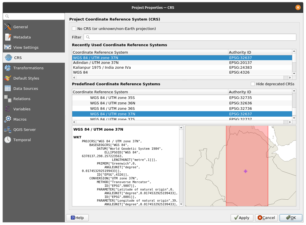 Specifications of the coordinate reference system used in the QGIS project