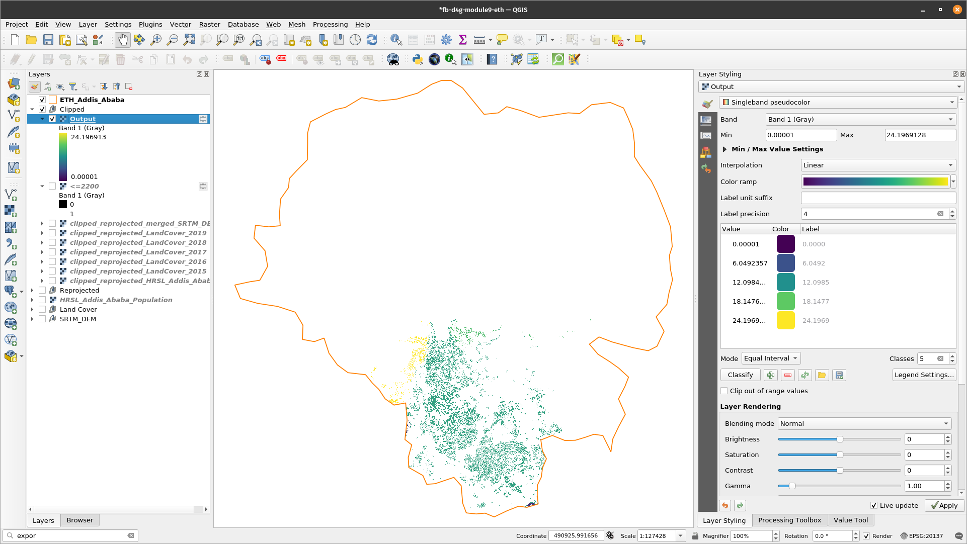 Distribution of population that lives below 2200m in Addis Ababa city, represented at a 30m resolution