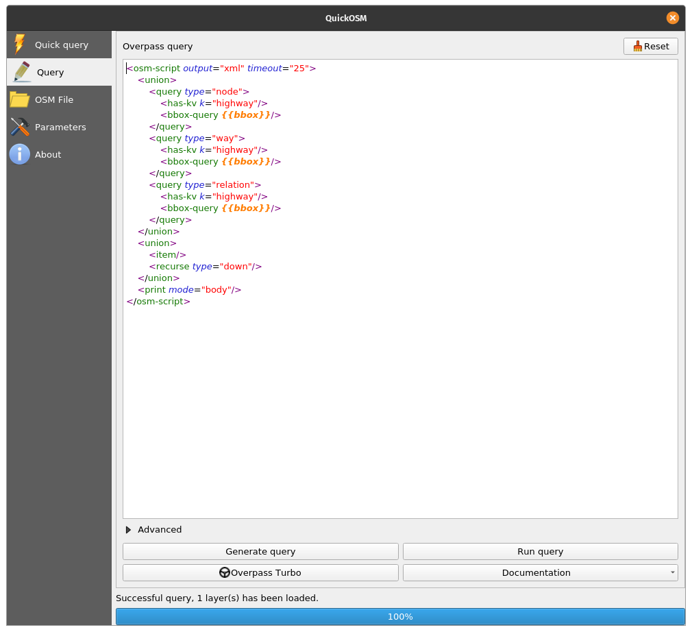 The Overpass query version of the Quick query to load highways