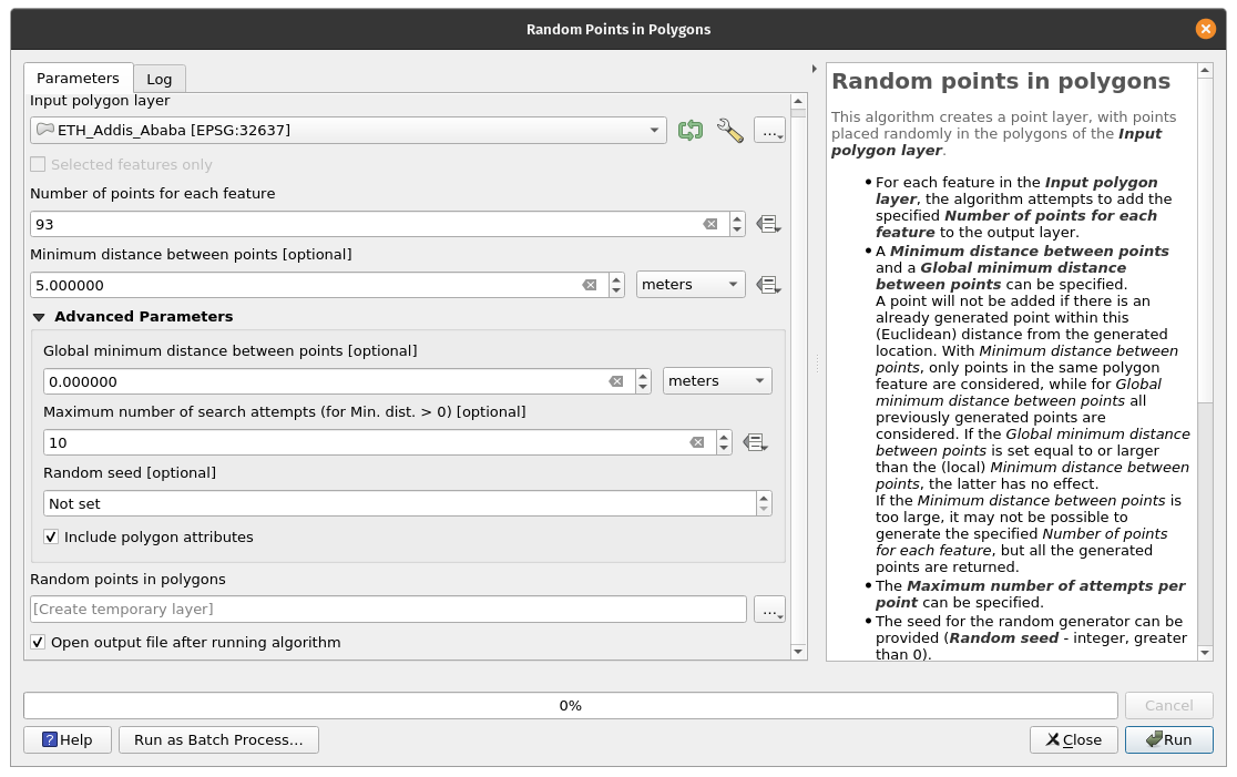 Creating random points inside a polygon layer