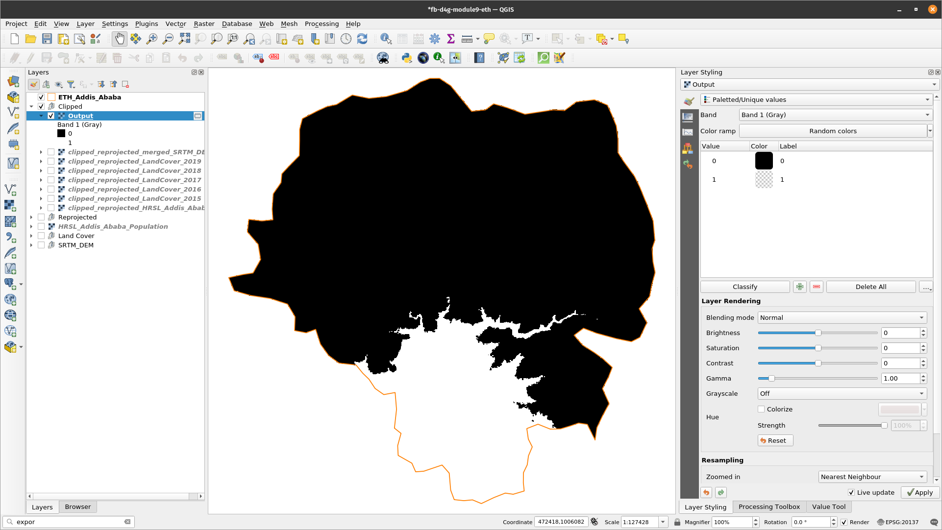 Result of identify all pixel values that are below 2200 meters using the Raster Calculator