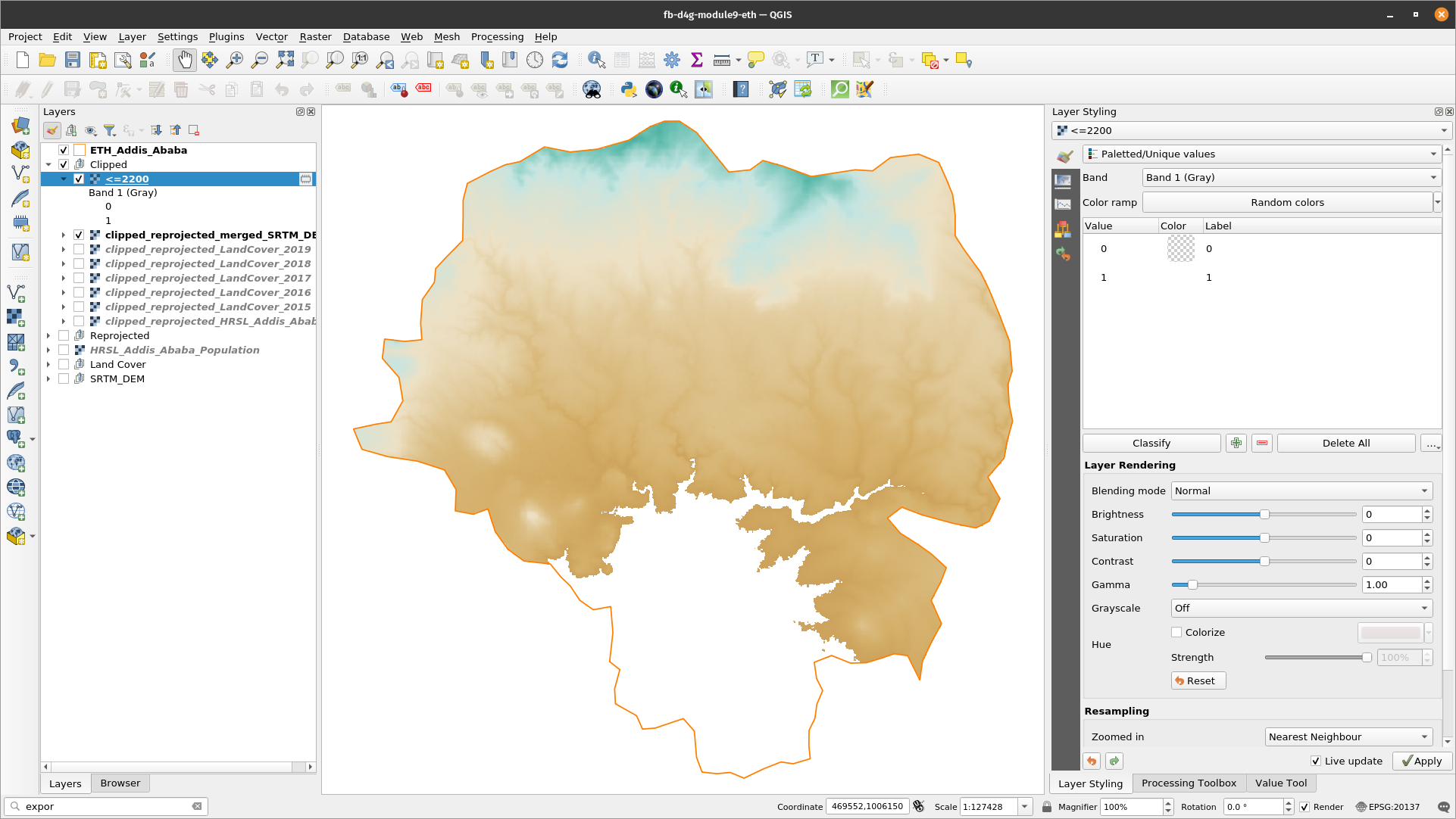 Spatial distribution of all pixels of value 1, meaning with altitude lower than 2200 meters