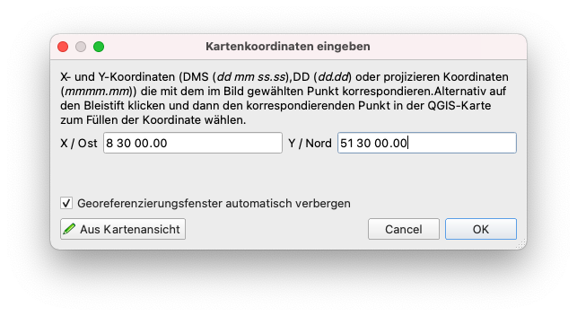 Kartenkoordinaten eingeben