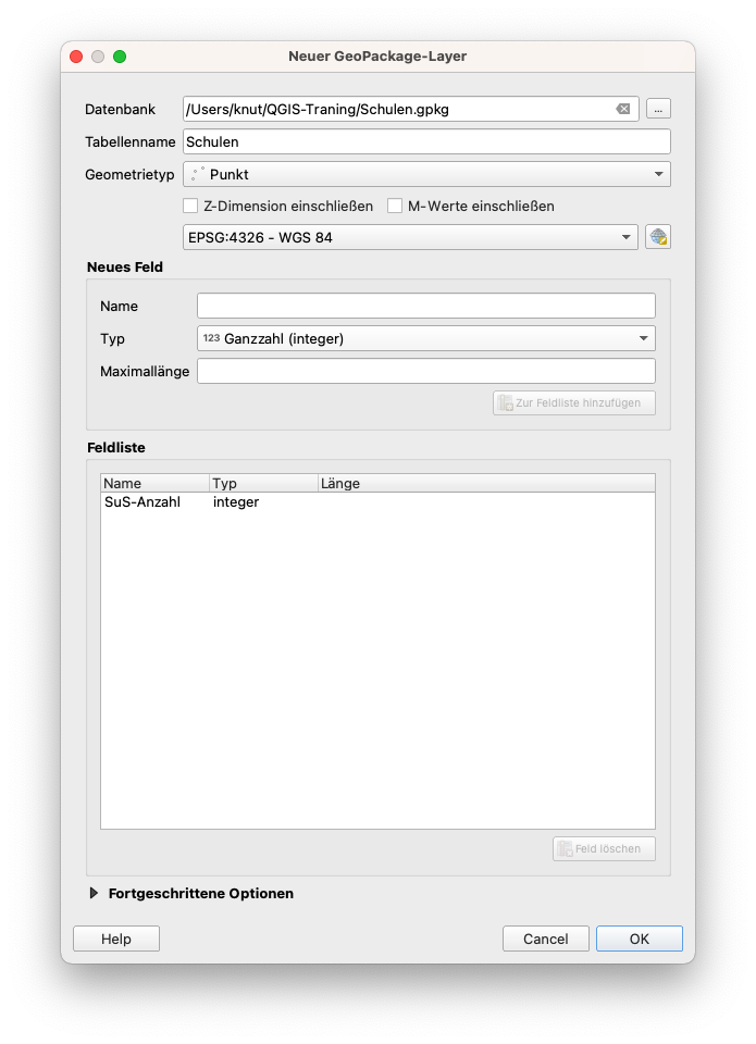 Dialog Neues GeoPaket Layer