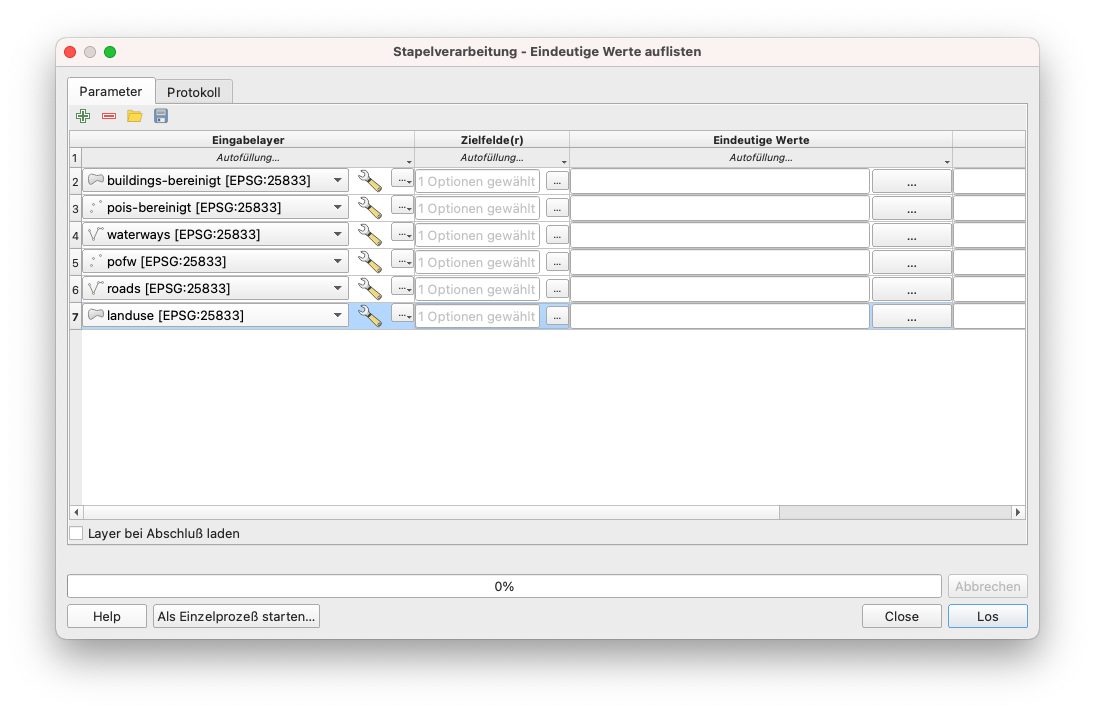 Eindeutige Werte in einer Vektor-Layer-Funktionalität auflisten (Batch-Verarbeitung)