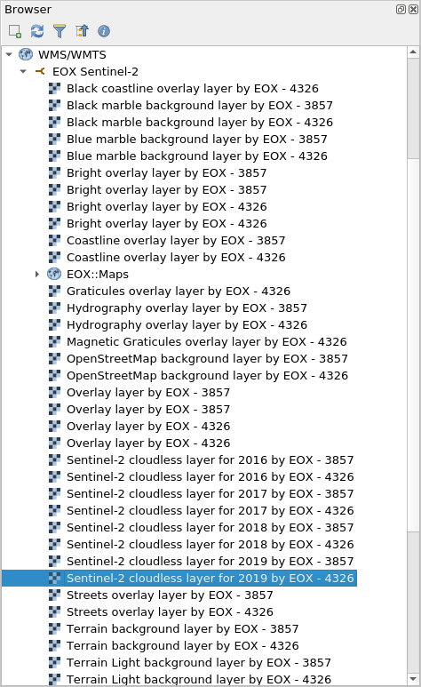 The EOX Sentinel-2 WMS added in the Browser Panel