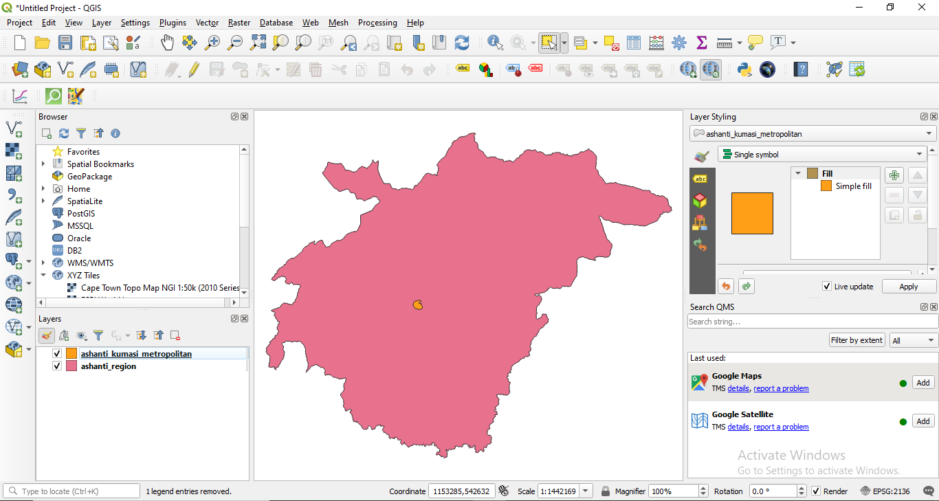 Ashanti layers loaded in QGIS