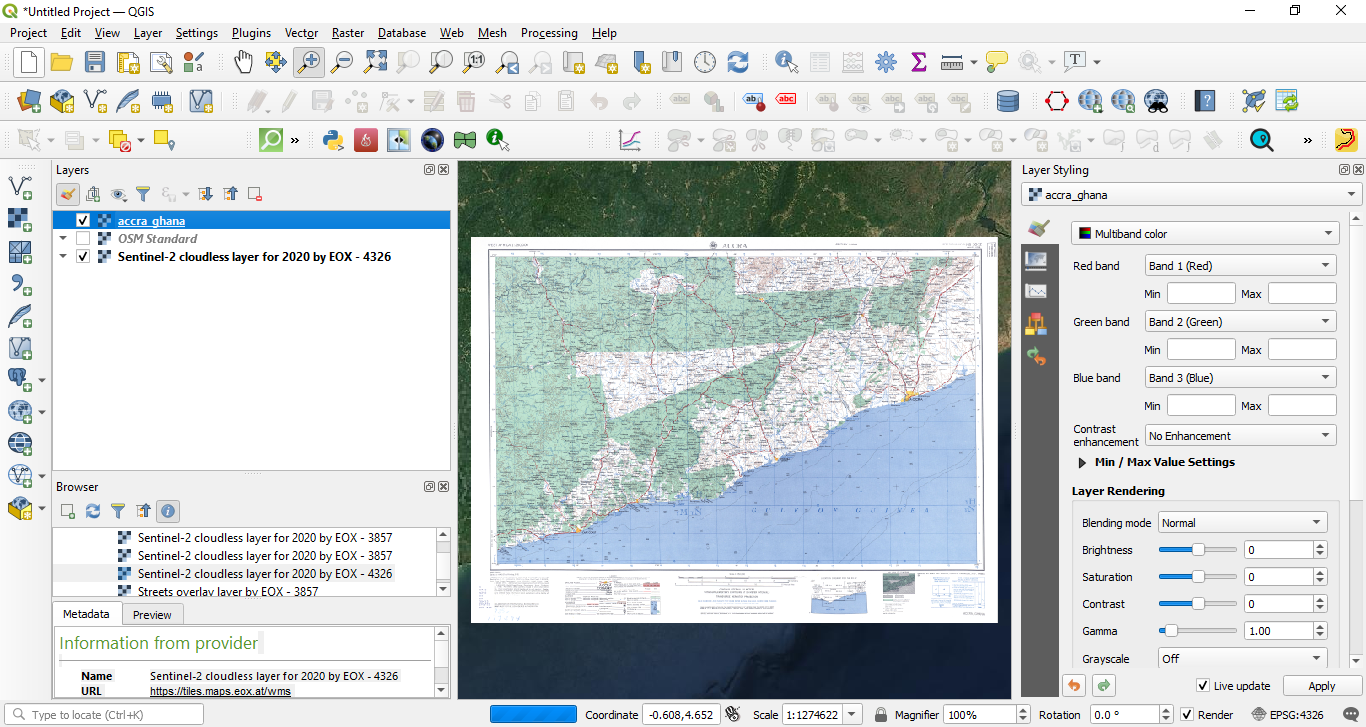 Georeferenced map loaded in QGIS