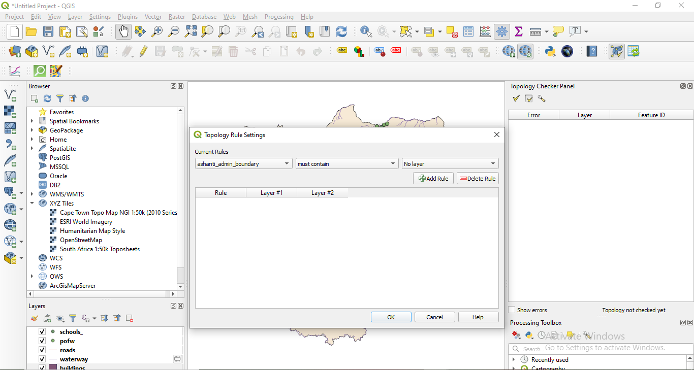 Topology rules dropdown menu based on the selected layer