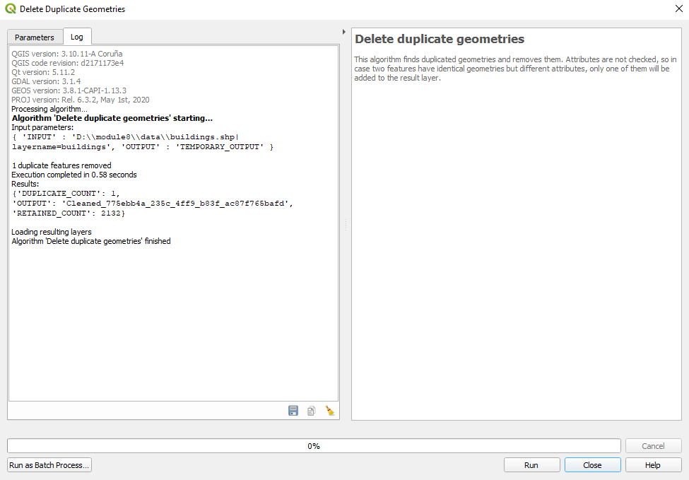 Results of remove duplicate geometries on the buildings vector layer