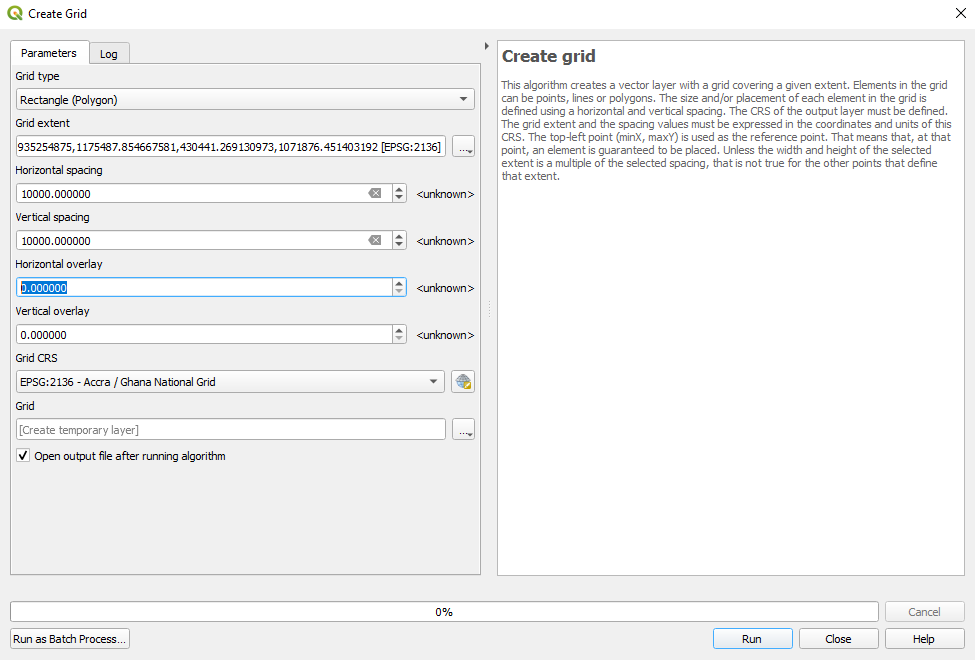 Creating a 10X10km vector grid for the Ashanti region