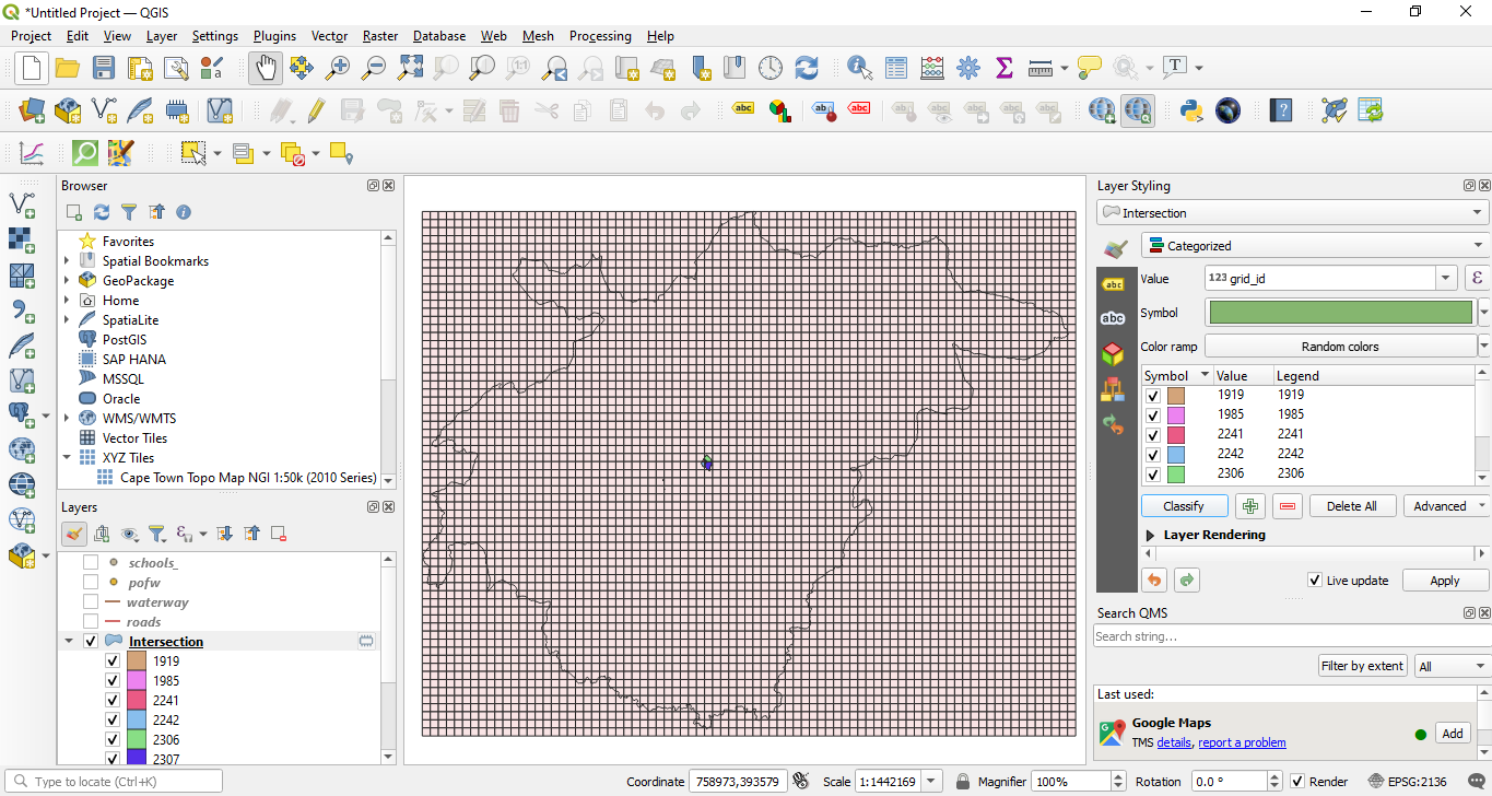 Result of running the intersection algorithm to clip the landuse vector polygons to the grid layer