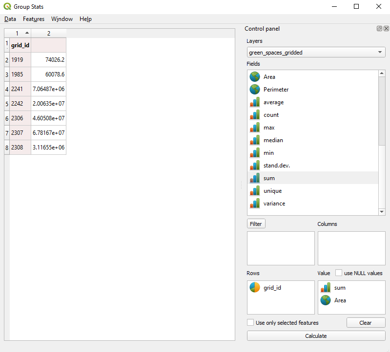 GroupStat parameters setup to sum up the green areas per each 10X10km grid cell