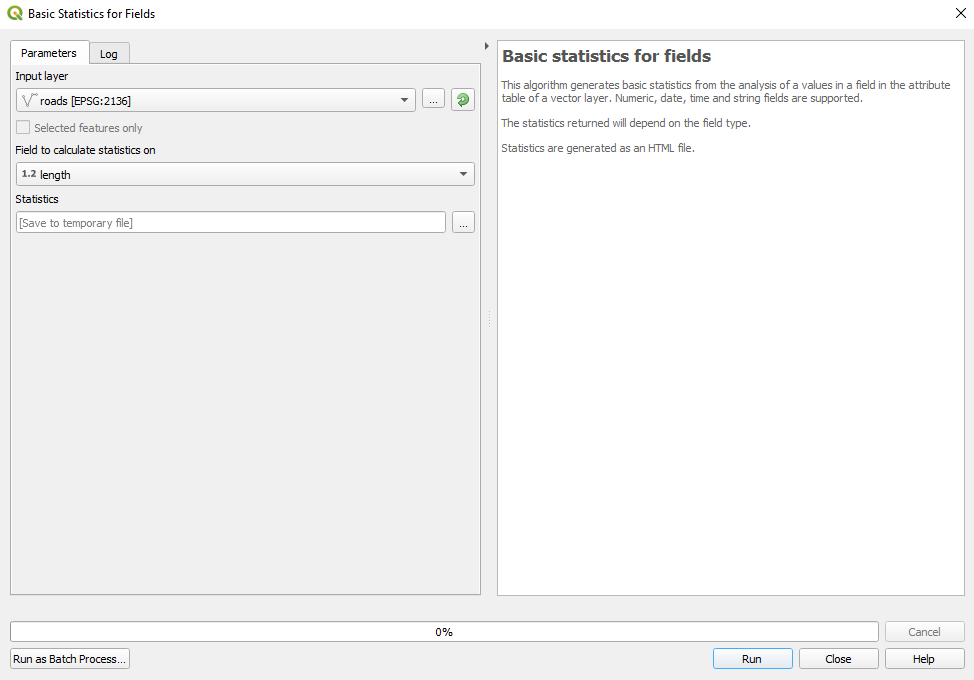 Preparing to run basics statistics for roads layer