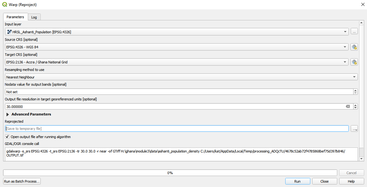 Batch processing tab on a QGIS functionality window